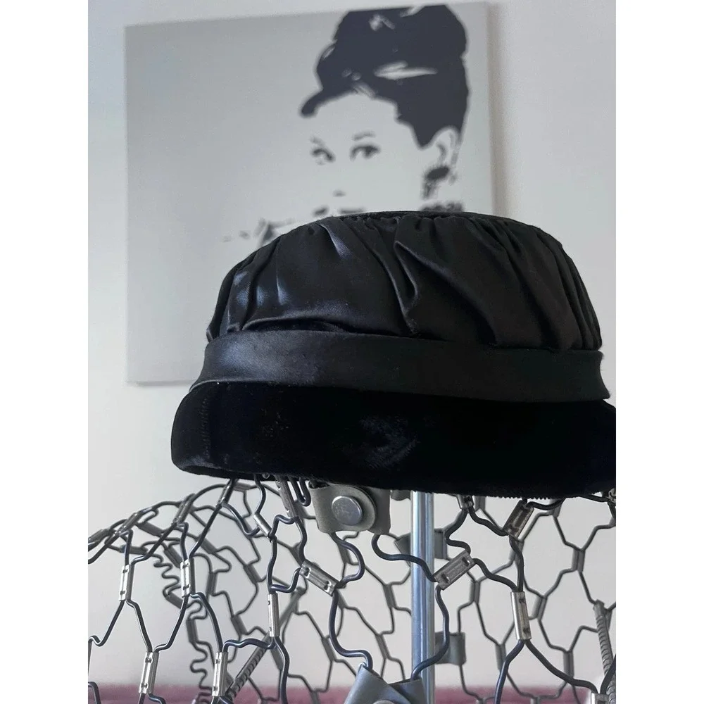 Vintage Black Satin and Velvet Pillbox Hat with Side Bow Ruched Crown‎ MCM